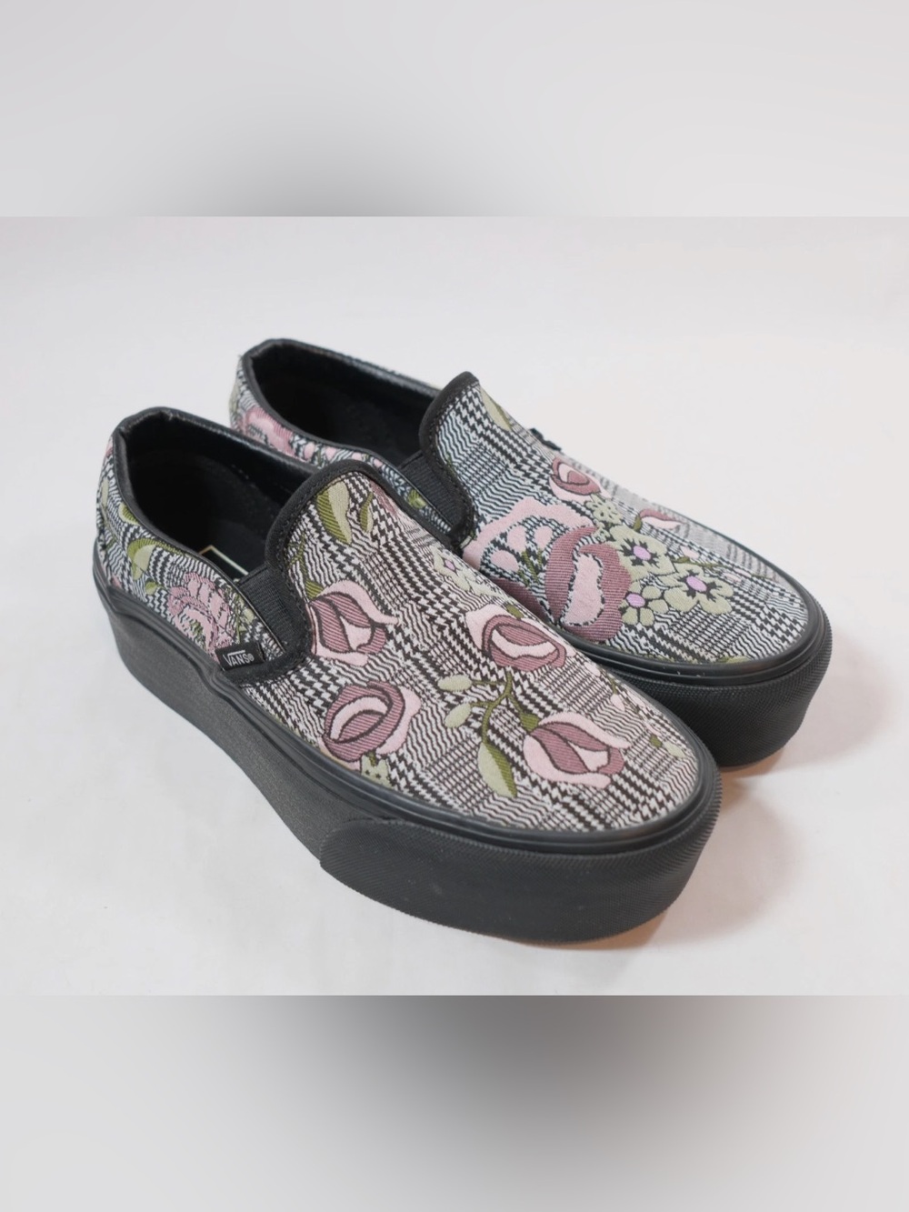 Vans Black Platform Slip-On Sneakers with Pink Floral Print
